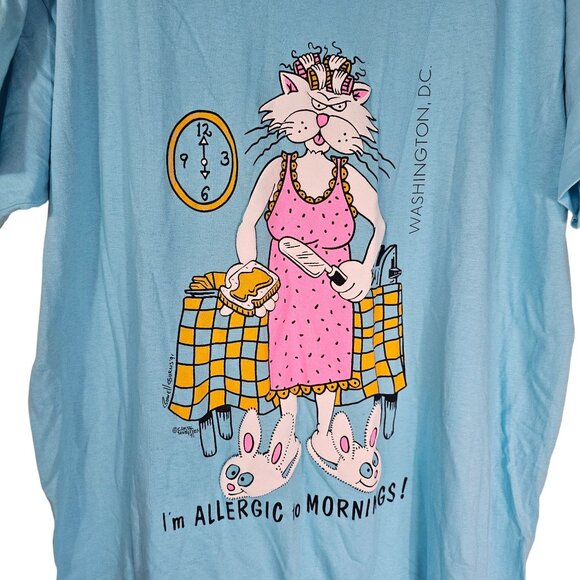 Vintage '91 Anvil "I'm Allergic To Mornings" Cat Graphic T-Shirt OS Sleep Shirt - Picture 3 of 9